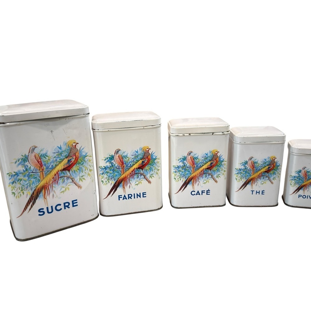 Antique kitchen Canisters Set of 5 Stackable French 1920’s Tin With Lids As is - Picture 5 of 13